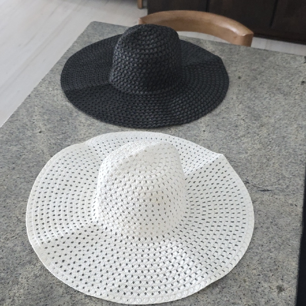 Two Floppy Black and Cream Woven Sun Hats